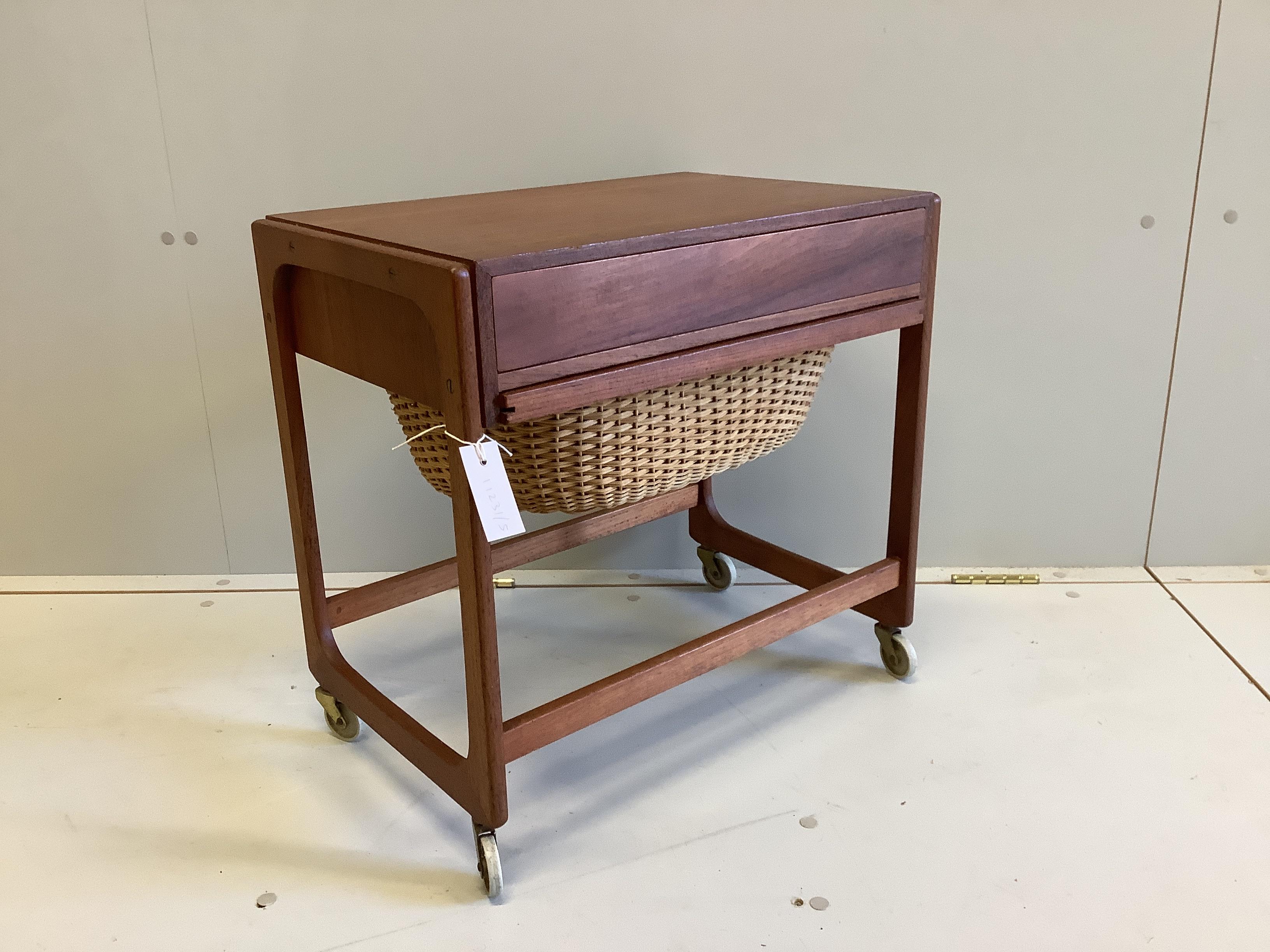 A mid century Danish teak work / occasional table, width 54cm, depth 35cm, height 53cm